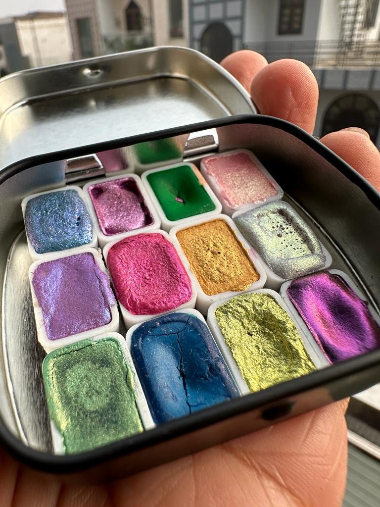 Handmade watercolour Tester Pack - Set of 12 Mini Pans - Metallic and Colorshift Sample pack | Chrome Watercolours | Calligraphy Ink Sample