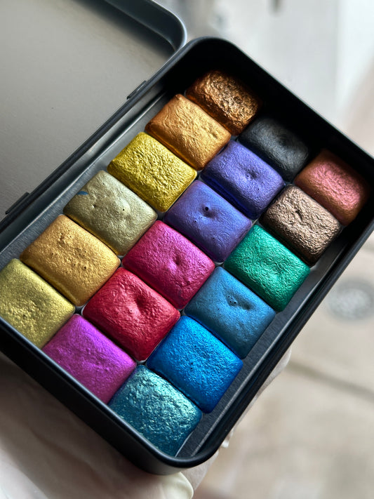 Mica Rainbow Super Set - Set of 18 x 3ml Half Pans - Handmade Metallic Watercolours