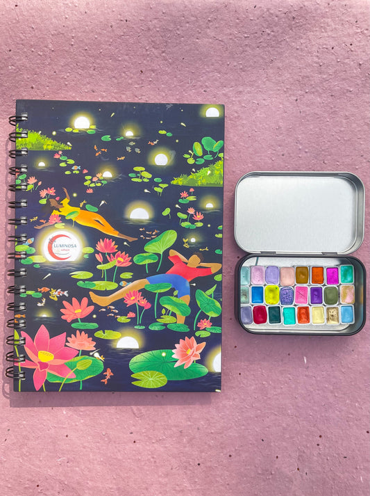 Handmade Watercolours Gift Combo, sparkly watercolours, 300GSM paper, metallic paints, colorshifting, dot samples, mini pans