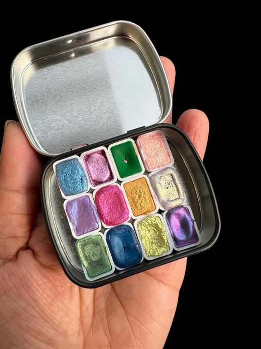 Handmade watercolour Tester Pack - Set of 12 Mini Pans - Metallic and Colorshift Sample pack | Chrome Watercolours | Calligraphy Ink Sample