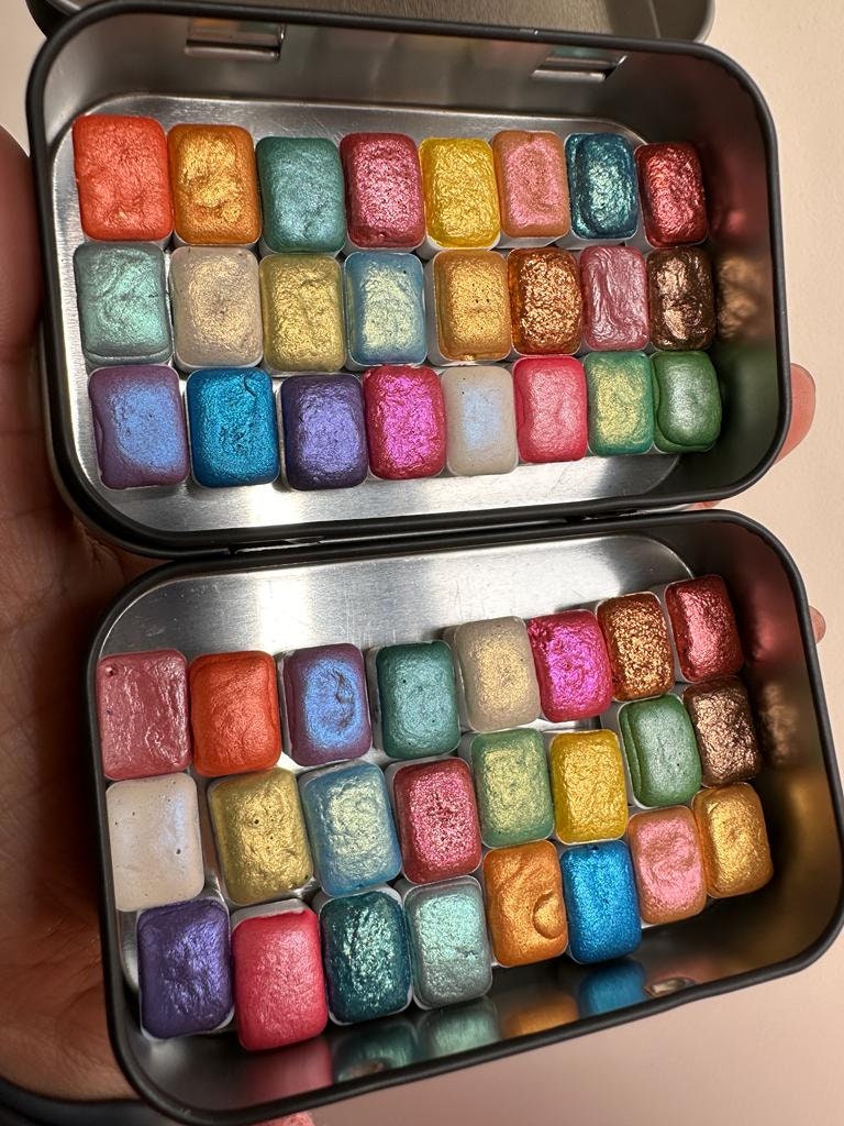 Shimmer Watercolours Tester Pack of 24 mini pan  - Handmade Watercolor,Metallic Paint,Gift For Artists, Art Supplies, Mica Paint