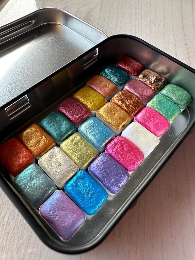 Shimmer Watercolours Tester Pack of 24 mini pan  - Handmade Watercolor,Metallic Paint,Gift For Artists, Art Supplies, Mica Paint