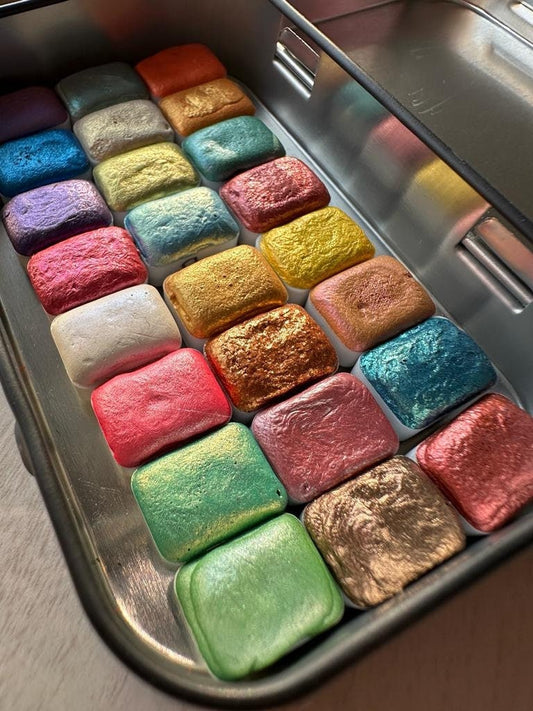 Shimmer Watercolours Tester Pack of 24 mini pan  - Handmade Watercolor,Metallic Paint,Gift For Artists, Art Supplies, Mica Paint