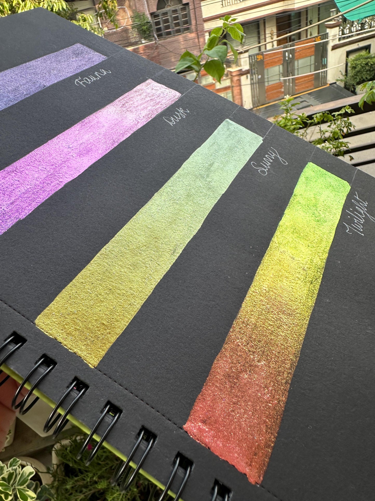 Sunset Haze Mini Palette : Colour-shifter and Holographic Handmade Watercolours - Quarter Pans, calligraphy ink, metallic watercolour
