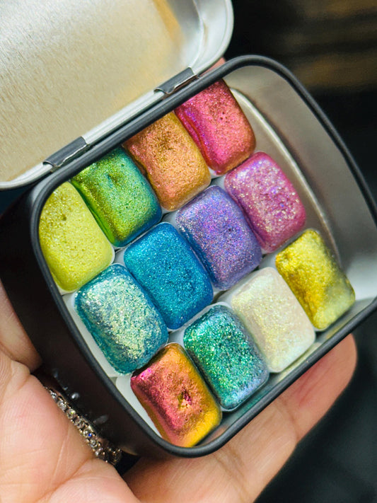 Magic Colourshifting Watercolor tester pack -Set of 12 mini pans,  Handmade Paint,Metallic , Gifts , Lettering, Calligraphy / Chameleon