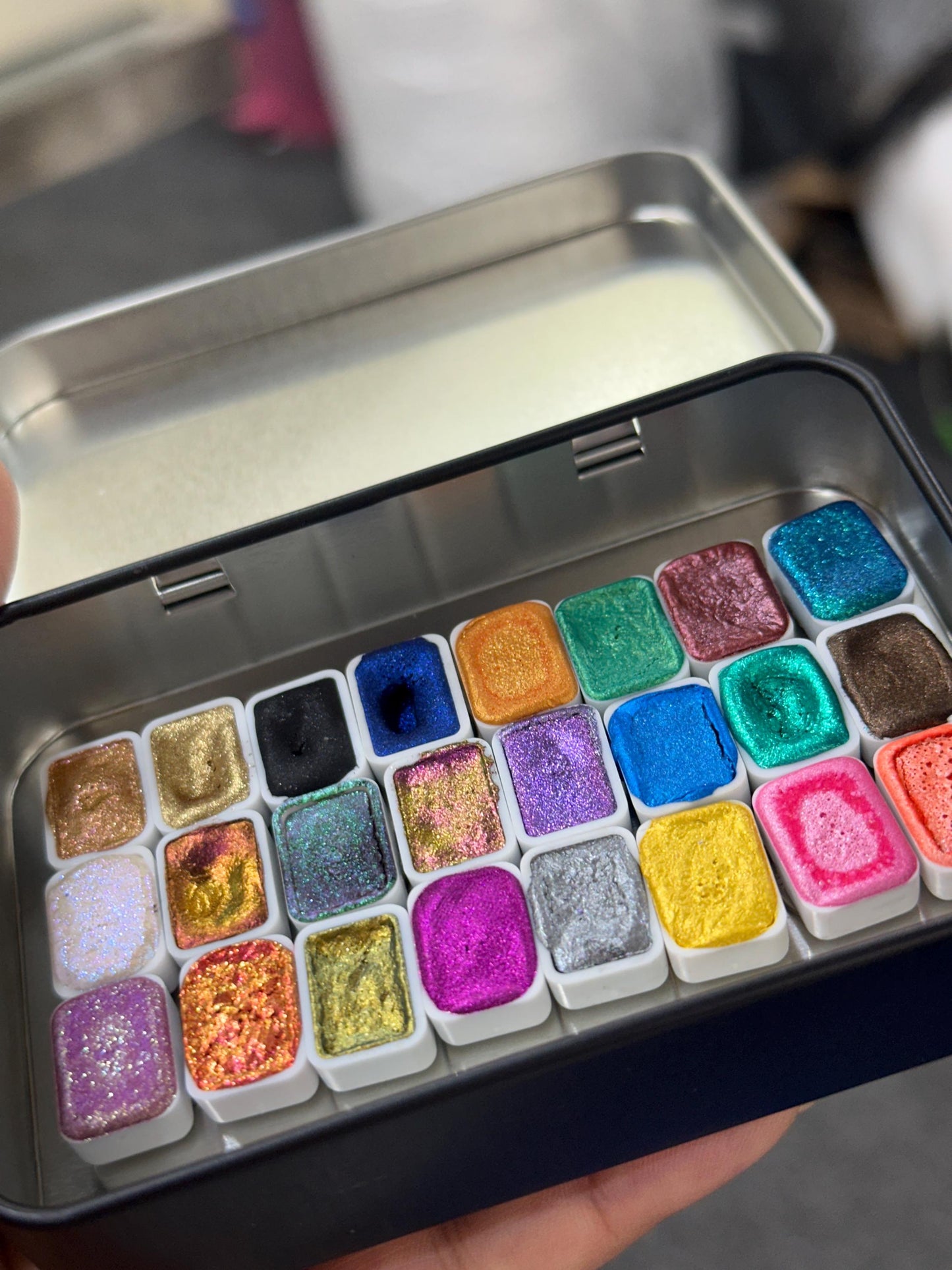 Handmade watercolour Tester Pack - Set of 24 Mini Pans - Metallic and Colorshift Sample pack | Chrome Watercolours | Calligraphy Ink Sample