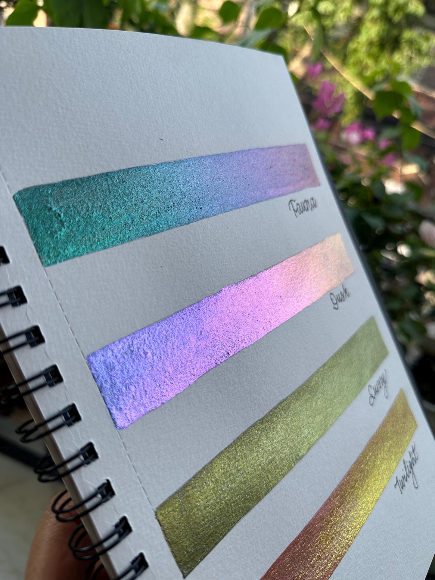 Sunset Haze Mini Palette : Colour-shifter and Holographic Handmade Watercolours - Quarter Pans, calligraphy ink, metallic watercolour