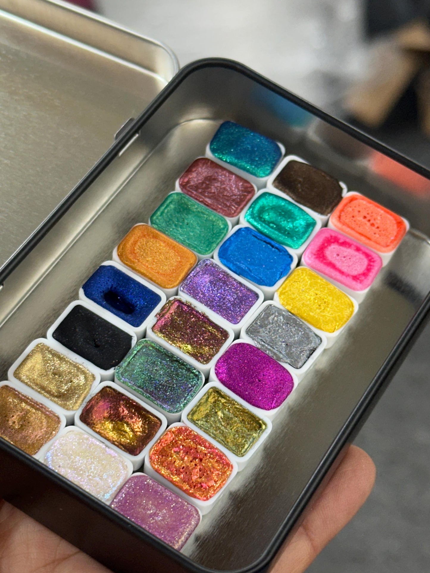 Handmade watercolour Tester Pack - Set of 24 Mini Pans - Metallic and Colorshift Sample pack | Chrome Watercolours | Calligraphy Ink Sample