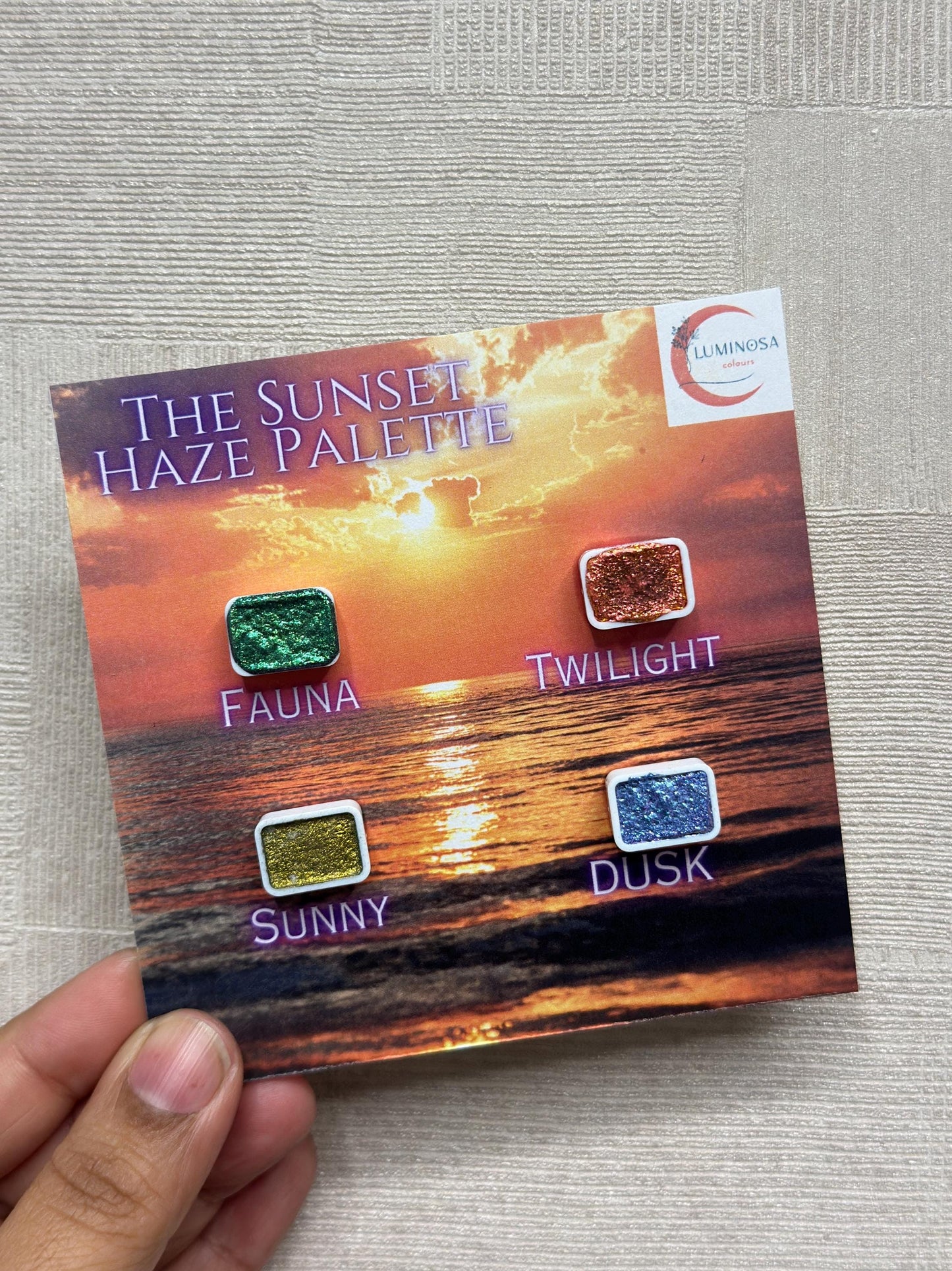 Sunset Haze Mini Palette : Colour-shifter and Holographic Handmade Watercolours - Quarter Pans, calligraphy ink, metallic watercolour