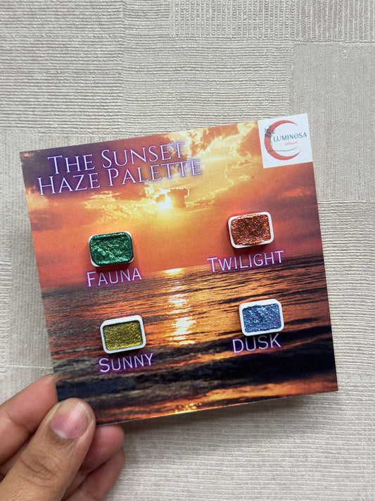 Sunset Haze Mini Palette : Colour-shifter and Holographic Handmade Watercolours - Quarter Pans, calligraphy ink, metallic watercolour