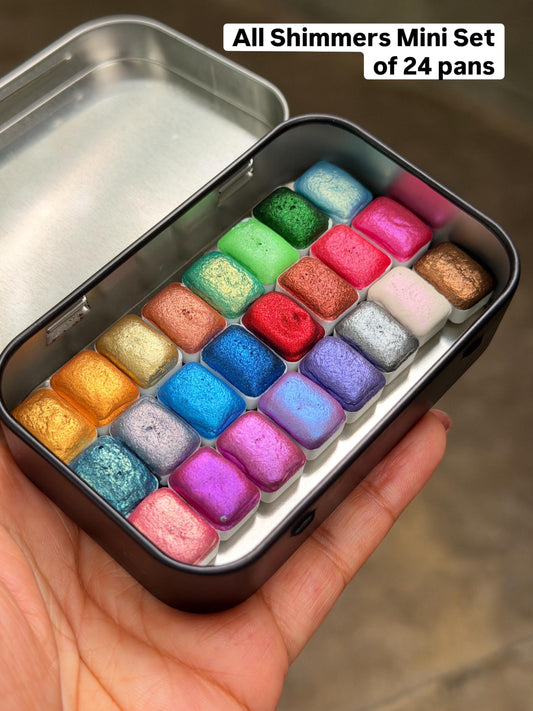 Shimmer Watercolours Tester Pack of 24 mini pans  - Handmade Watercolor ,Metallic Paint,Gift For Artists, Art Supplies,  Glitter Paint